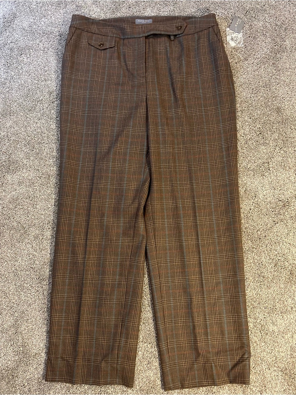 Kate Hill Brown Plaid Dress Pants with Blue Windowpane